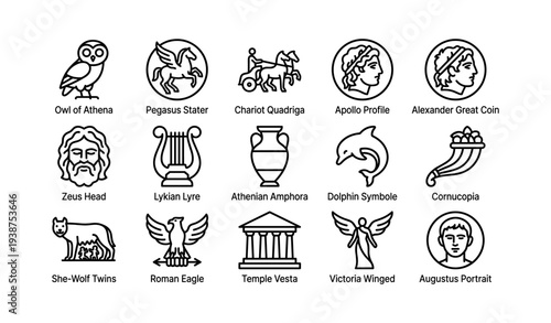 Ancient greek and roman symbol icons: athena, pegasus, apollo, zeus, dolphin