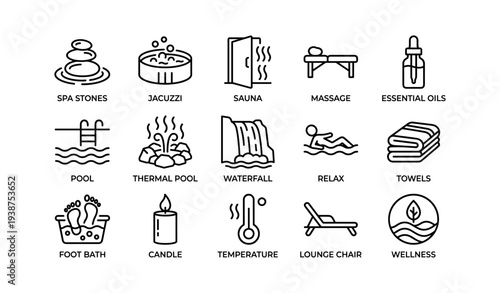 Spa and wellness icons: relaxation symbols including sauna, jacuzzi, massage, pool, and more
