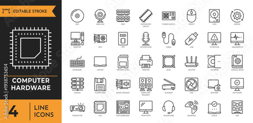 A collection of various computer hardware line icons on a white background