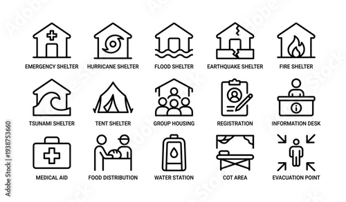 Emergency shelter icons: natural disaster and aid symbols collection