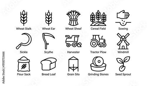 Farm and harvest icons: equipment, crops, and agricultural tools