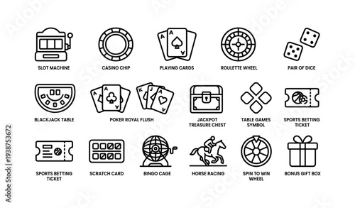 Casino game icons: slot machine, cards, roulette, dice, horse racing