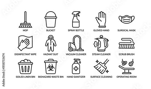 Cleaning and disinfection icons set: mop, bucket, hazmat suit, and more