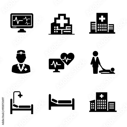 Medical icons representing healthcare professionals and facilities displayed on a clean white background from a straightforward viewpoint