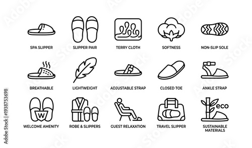 Icons of slippers and amenities: spa, comfort, eco-friendly styles