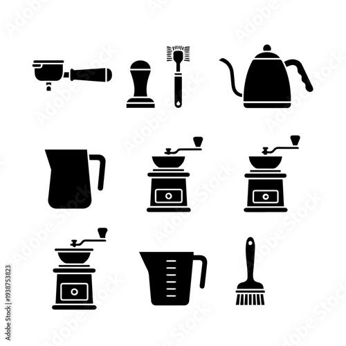 Assorted Coffee Icons Featuring Grinders, Makers, and Accessories Displayed in a Grid Layout