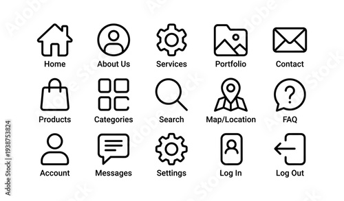 Minimalist icon set for website navigation and user interface design