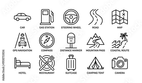 Transport and travel icons: car, gas station, map, camera, tent, suitcase