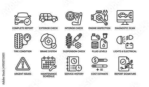 Comprehensive vehicle inspection and maintenance service icons