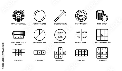 Casino game icons including roulette, croupier rake, betting chip, and various bet types