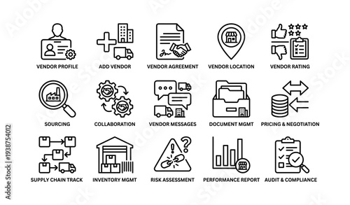 Vendor management icons collection with sourcing, collaboration, and document handling