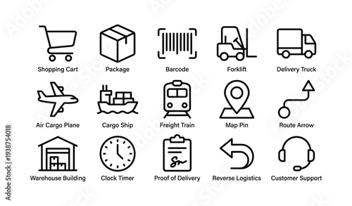 Logistics icons set: transport, delivery, warehouse, and shipping symbols