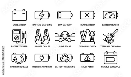 Battery maintenance icons: charging, recycling, jump start, service schedule