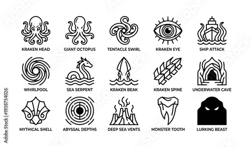 Sea creatures and symbols: kraken, octopus, serpent, mythical icons