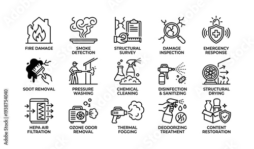 Icons illustrating fire damage mitigation and emergency response services