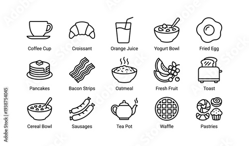 Breakfast icons set with coffee, croissant, and pancakes