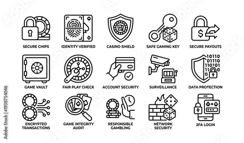 Casino security icons: data protection, fair play, and secure transactions