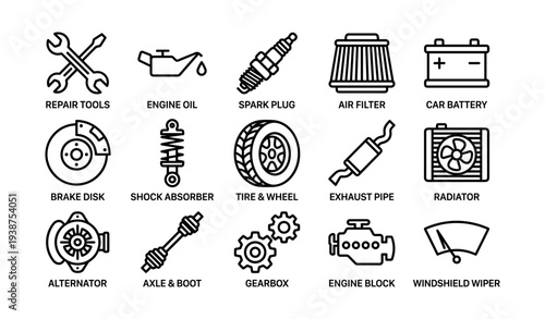 Automotive parts icons: repair tools, engine oil, spark plug, air filter, car battery