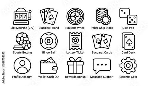 Casino game icons featuring cards, roulette, dice, and more
