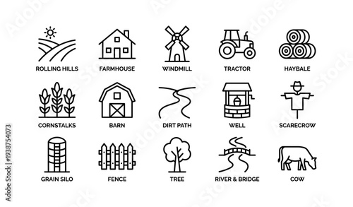 Farm icons: windmill, barn, tractor, scarecrow, haybale, cornstalk, well, cow, tree, bridge