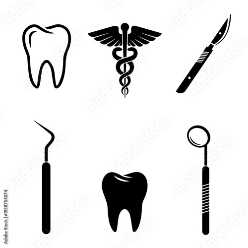 Medical symbols and dental icons representing healthcare professionals and treatment tools in a simple illustration.