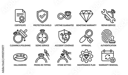 Jewelry care and protection icons: warranty, maintenance, repair, authentication