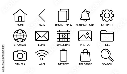 Mobile interface icons: settings, notifications, and apps