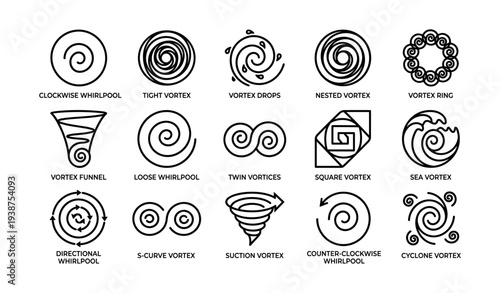 Set of iconic vortex symbols in various circular and spiral designs