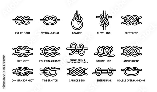 Diagram of various knots including figure eight, bowline, and clove hitch