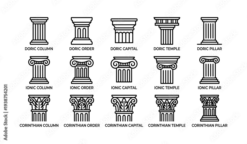 Naklejka premium Doric, ionic, corinthian: classical architectural column styles diagram