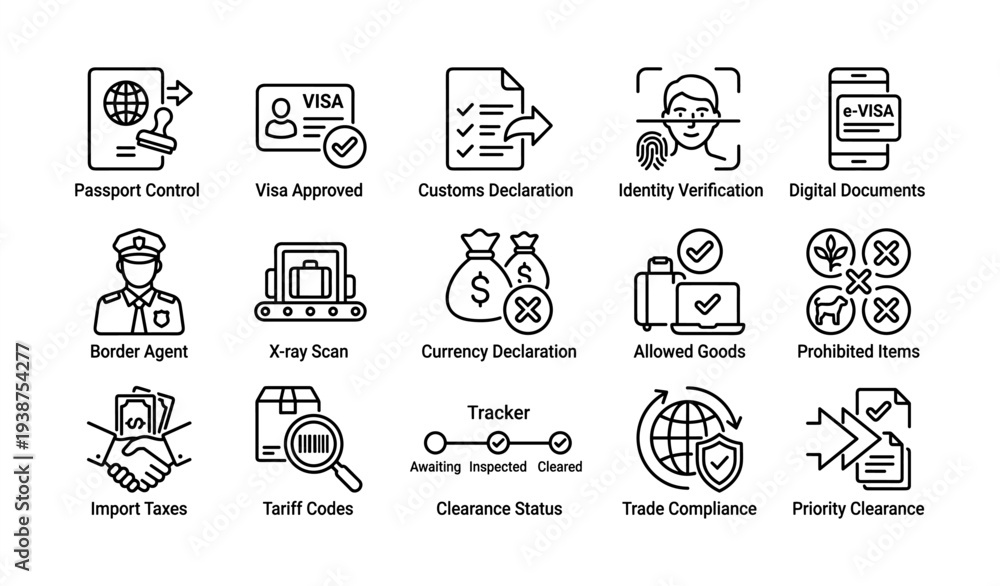 Fototapeta premium Passport control and customs icons: visa, verification, security procedures overview