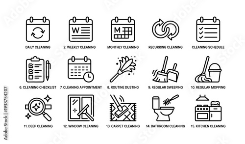 Cleaning schedule and tasks icons: daily, weekly, monthly, and more