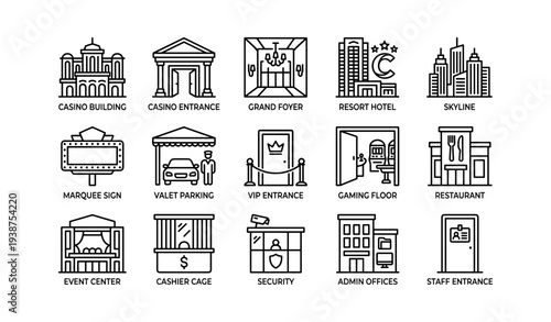 Icon set of casino and resort elements including buildings and services