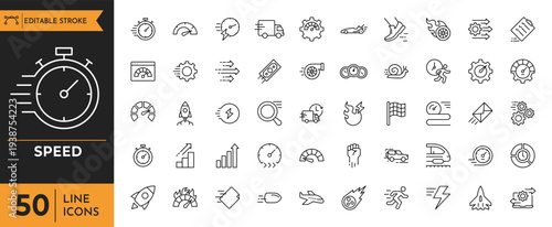A collection of various line icons depicting speed and performance metrics.