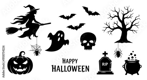 A witch flying on a broomstick surrounded by Halloween icons including bats, a ghost, and a tombstone on a dark night.