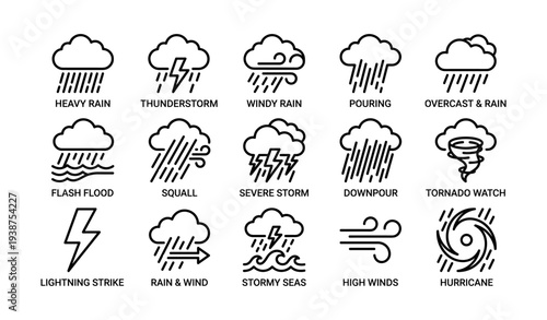 Weather icon set: heavy rain, thunderstorm, tornado, hurricane, lightning