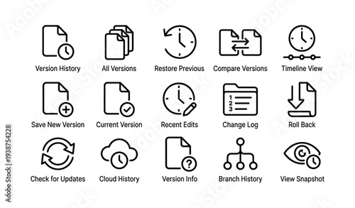 Version control icons: history, backup, update, edit, branching tools