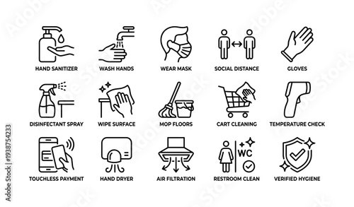 Essential hygiene practices and safety measures icons for public spaces
