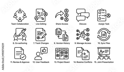 Team collaboration and task management icons for project workflow efficiency