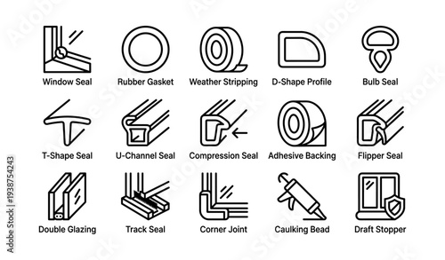 Sealing solutions icons: window, rubber, weather, and more seals illustrated