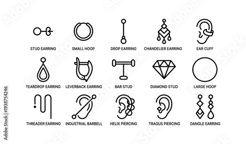 Earring styles and types: stud, hoop, drop, chandelier, barbell, helix, tragus, cuff