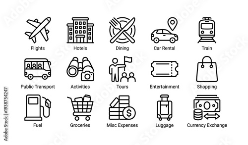 Travel and tourism icons: flights, hotels, dining, transportation, activities