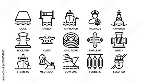 Maritime icons: dock, harbor structures, vessel, navigation tools, mooring equipment