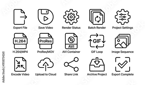 Video editing icon set: export, save, render, batch, settings