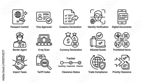 Passport control and customs icons: visa, verification, security procedures overview