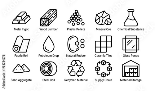 Industrial materials and resources icons set on gray background