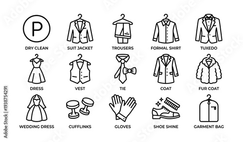 Laundry and clothing icons: dry clean, tuxedo, fur coat, wedding dress