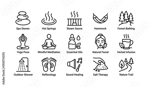 Wellness icons collection for relaxation and healing practices