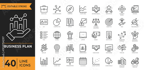 Business icons showcase a comprehensive plan with various graphs and devices on a desk.