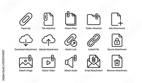 Attachment icons set: paperclip, file, folder, cloud, link, envelope, lock